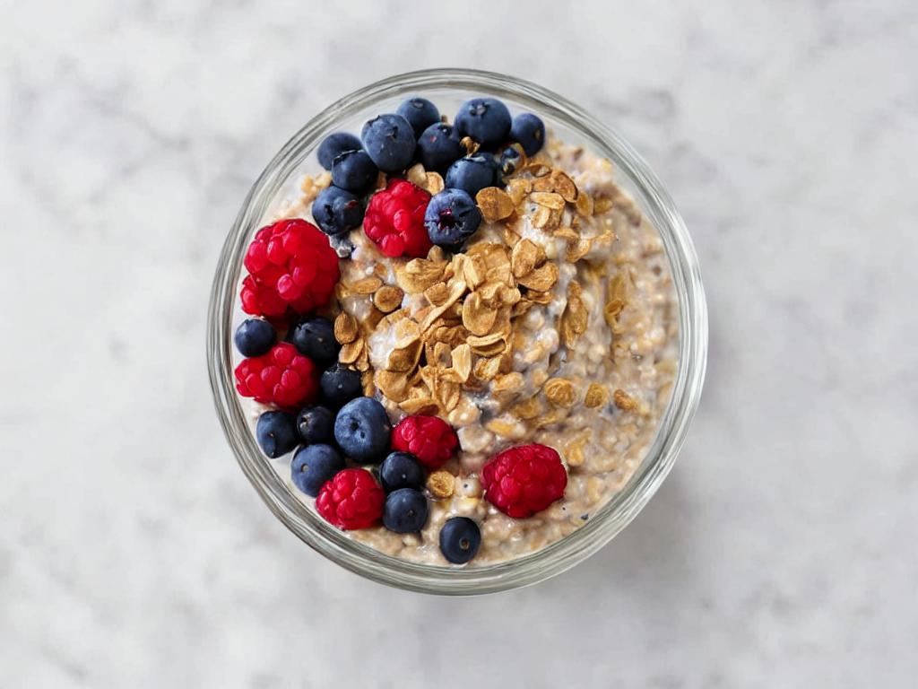 Overnight oats in a glass bowl with berries as topping