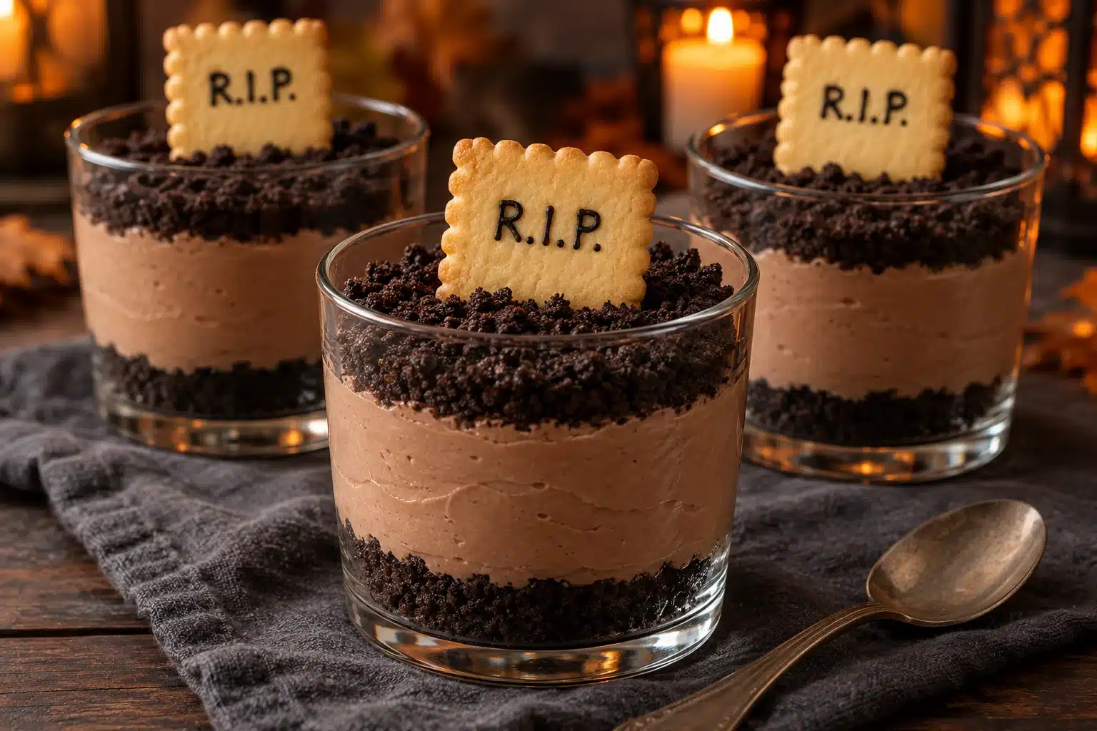 Halloween Graveyard Dessert Cups with Chocolate Cream and Oreo Dirt