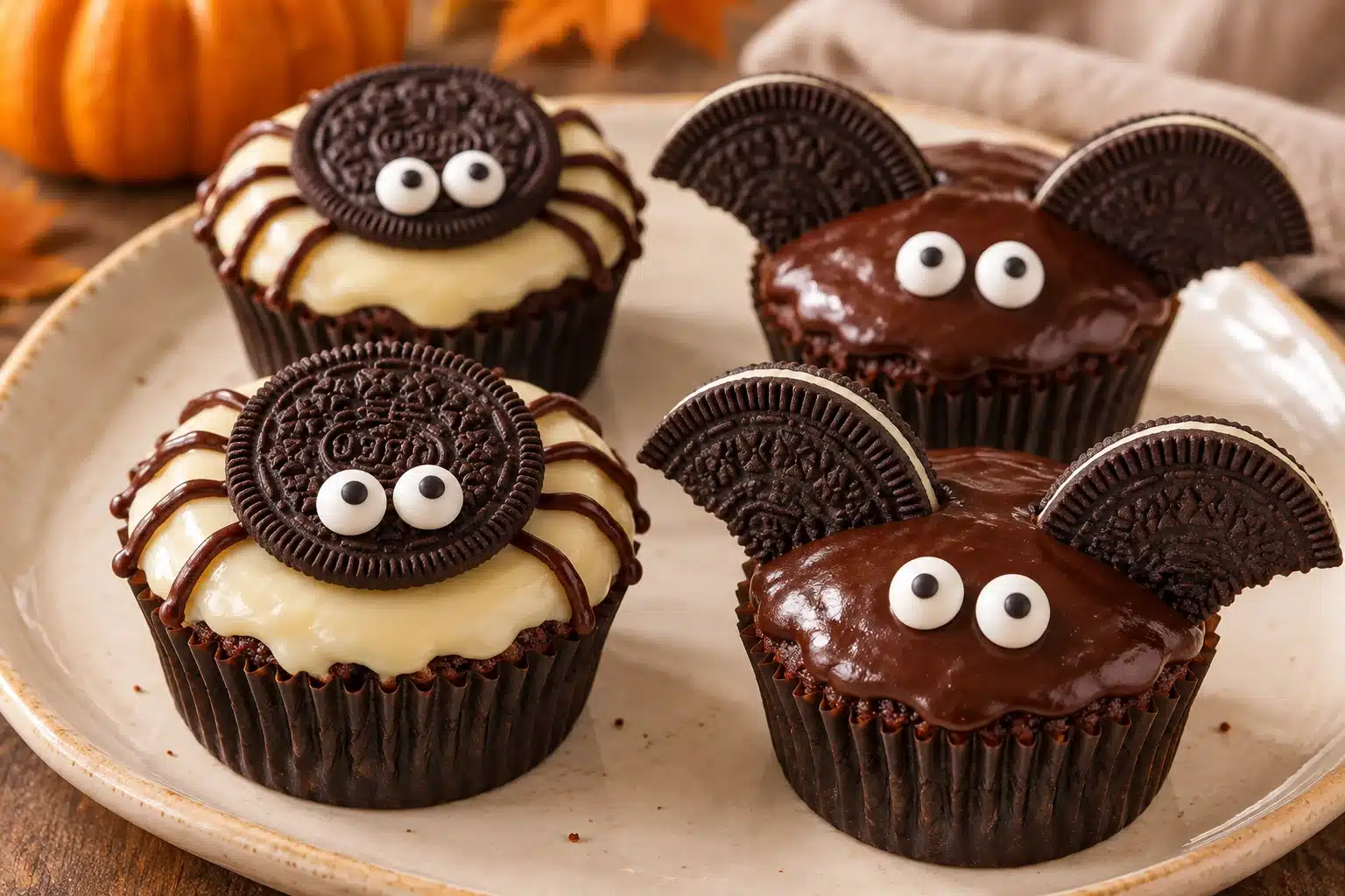 Schoko-Kürbis-Muffins auf hellem Teller: Oreo-Spinnen mit weißer Schokoglasur und Oreo-Fledermäuse mit dunkler Glasur und Zuckeraugen.
