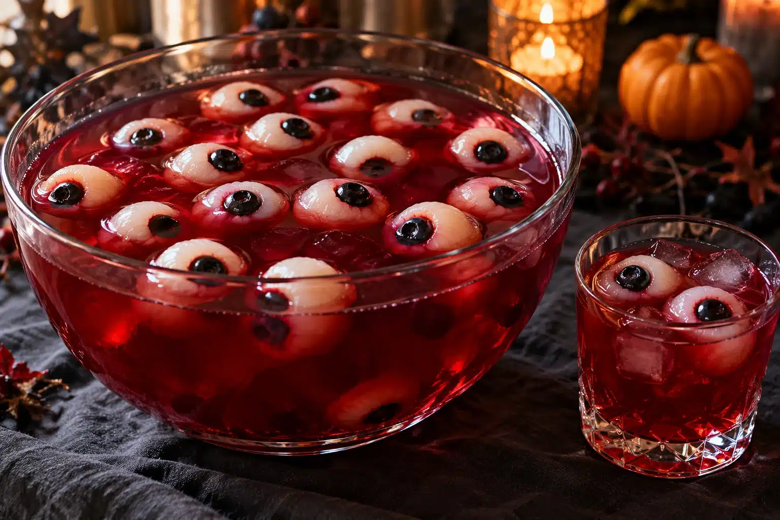 Blutrote Halloween-Rum-Bowle im Glasgefäß mit essbaren Litschi-Blaubeer-Augen bei warmem Kerzenlicht