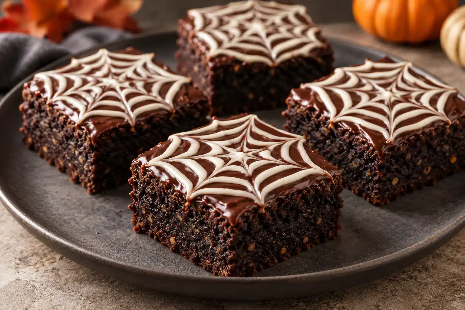 Vier saftige Schoko-Haselnuss-Brownies mit weißem Schokoladen-Spinnennetz auf dunkler Glasur und einem grauen Teller