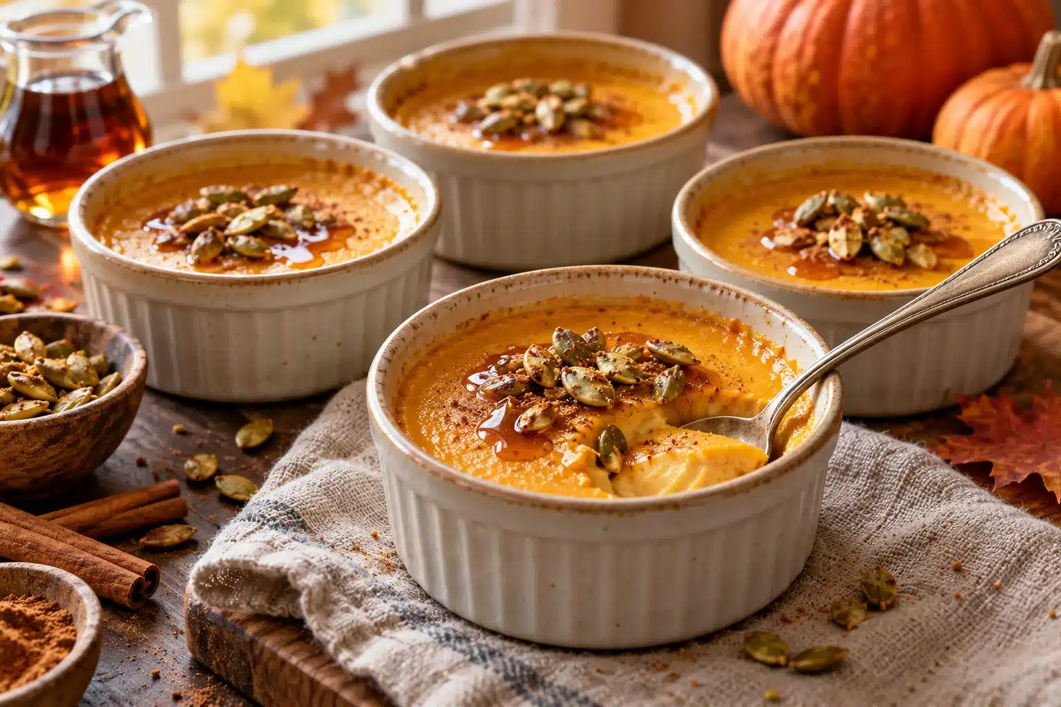 Baked Pumpkin Custard with Maple Syrup and Pumpkin Seeds