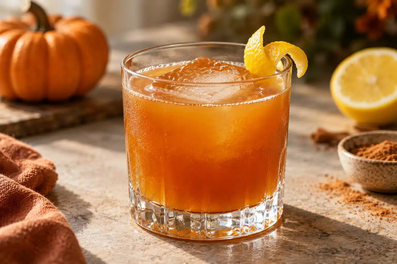 Orange pumpkin bourbon sour over a large ice cube with lemon peel in a rocks glass