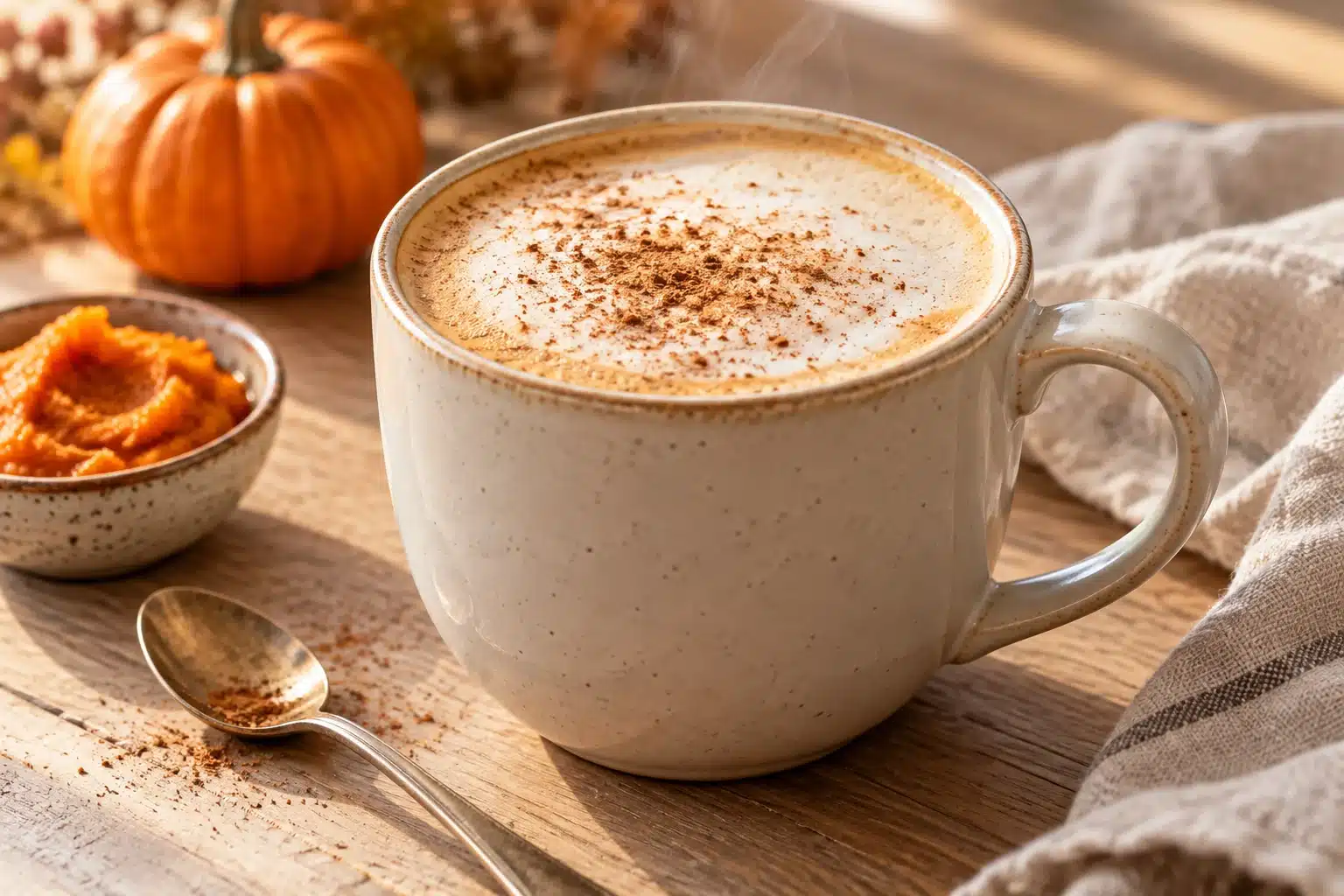Pumpkin spice latte with fine milk foam and a dusting of spice in a pale ceramic mug