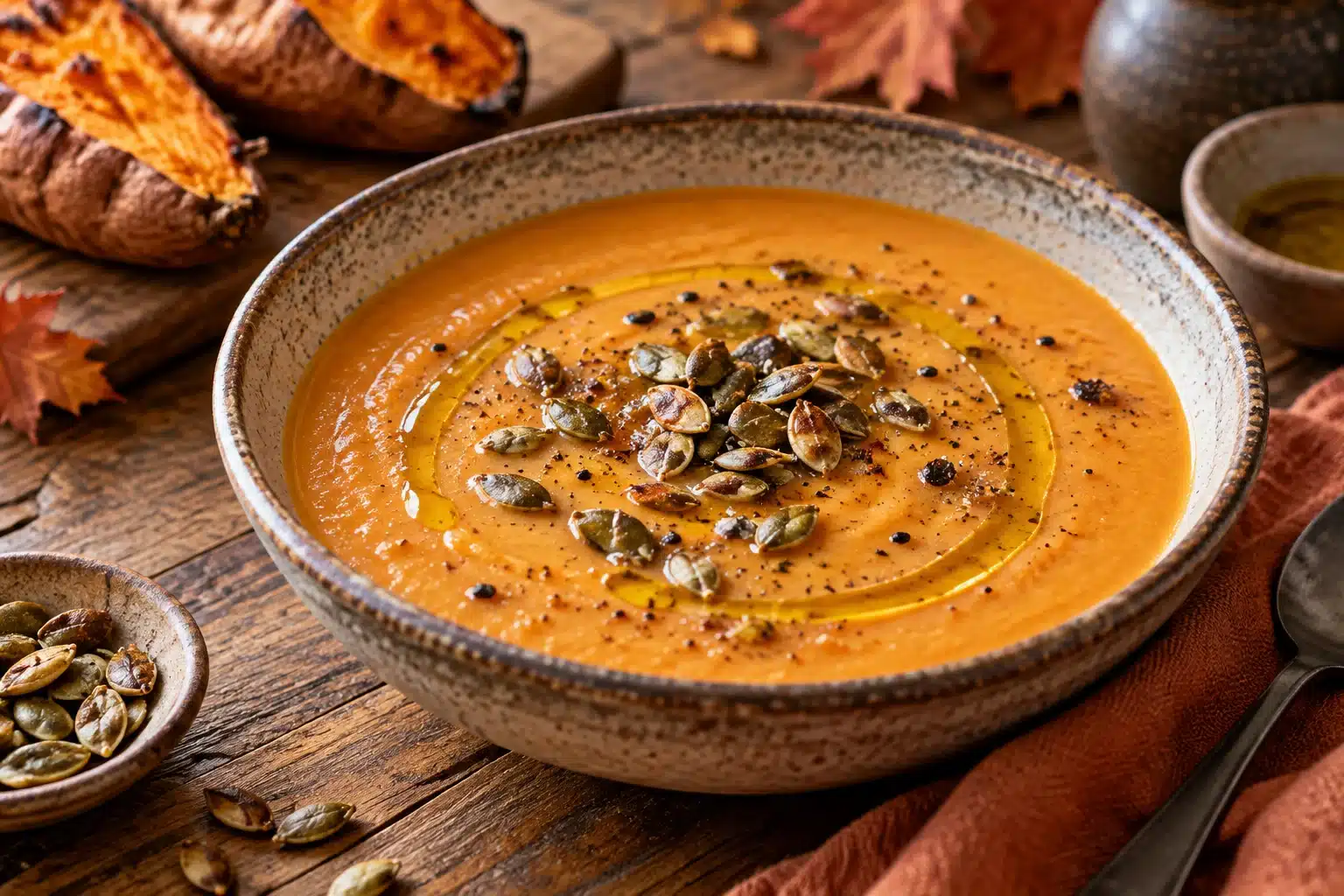 Creamy Sweet Potato Miso Soup with Toasted Pumpkin Seeds